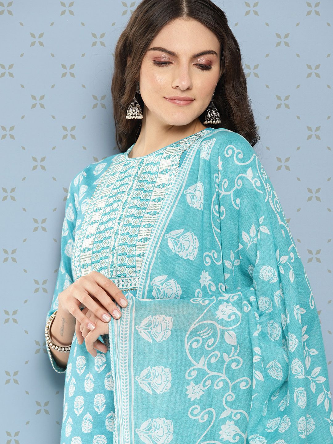 Dhiyona IE Women Floral Printed Regular Sequinned Pure Cotton Kurta with Trousers & Dupatta