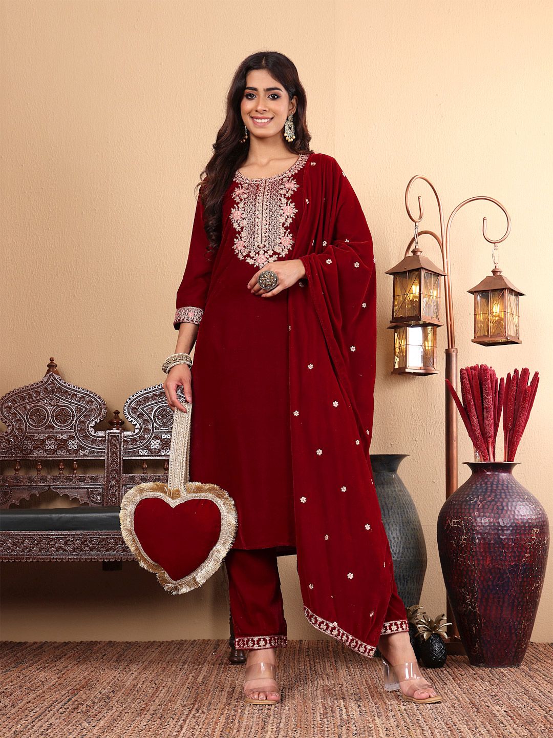 Dhiyona VA Women'sMaroon Floral Yoke Design Sequinned Velvet Straight Kurta with Trousers & Dupatta