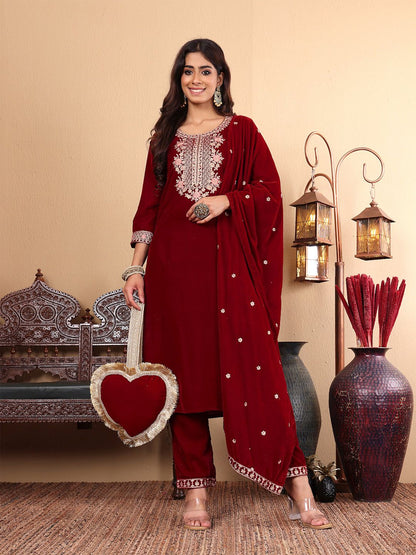 Dhiyona VA Women'sMaroon Floral Yoke Design Sequinned Velvet Straight Kurta with Trousers & Dupatta