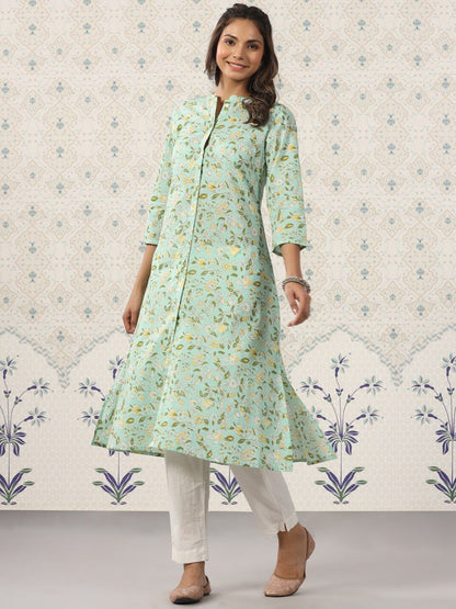 Dhiyona OD  Floral Printed Band Collar Pure Cotton Kurta