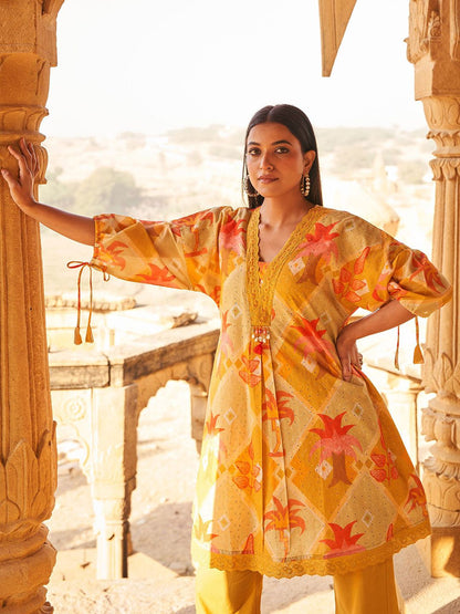 Floral Self Design Beads And Stones V-Neck A-Line Pure Cotton Kurta With Trousers