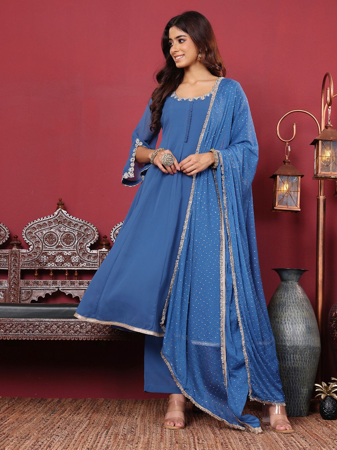 Dhiyona VA Women'sFloral Embroidered Silk Georgette Anarkali Kurta With Palazzos & Dupatta