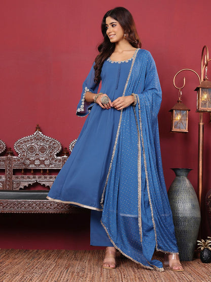 Dhiyona VA Women'sFloral Embroidered Silk Georgette Anarkali Kurta With Palazzos & Dupatta