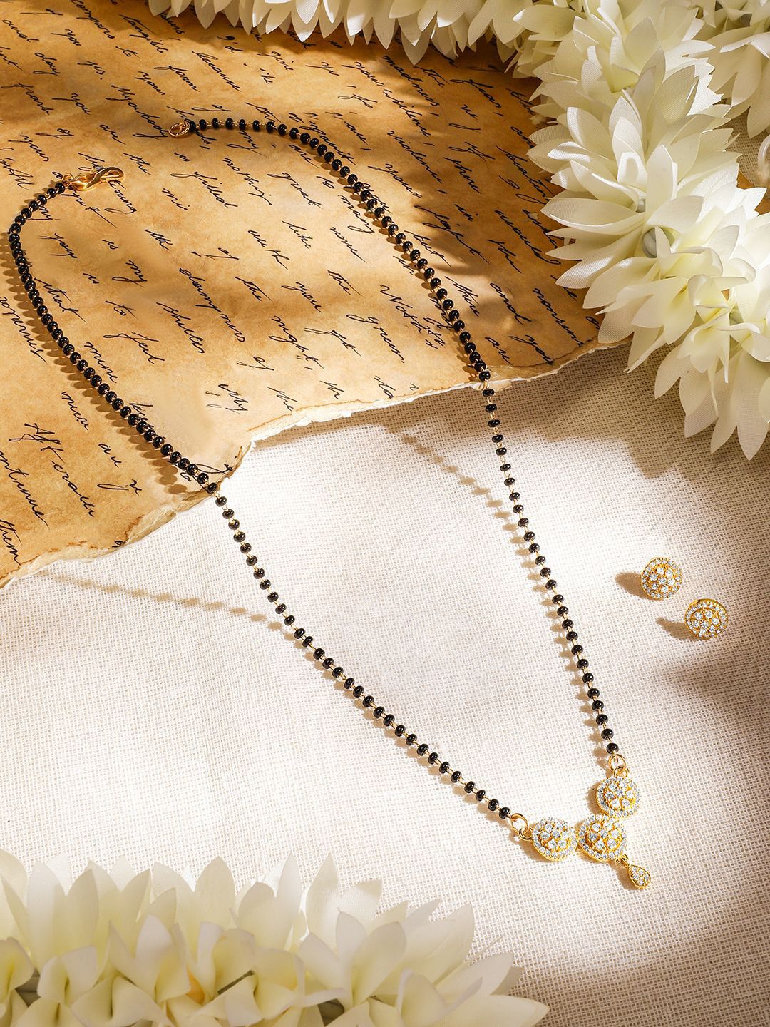 Dhiyona RJ Women's 18K Gold-Plated Cubic Zirconia Studded Circular Black Beads Chain Mangalsutra Set
