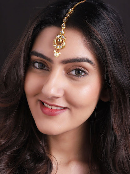 Dhiyona RJ Women's 24K Gold-Plated White Kundan & Pearls Studded Handcrafted Maangtikka