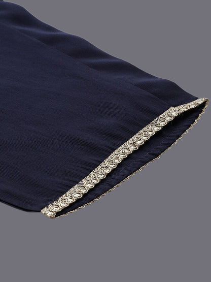 Dhiyona IE Navy Blue Empire V-Neck Sequinned Kurta With Trousers & Dupatta