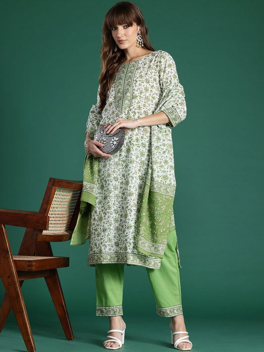 Dhiyona IE Women Floral Printed Pure Cotton Kurta with Trousers & With Dupatta