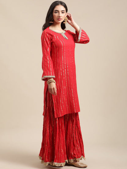 Dhiyona VA Women's Red Embroidered Gotta Patti Kurta with Sharara & With Dupatta