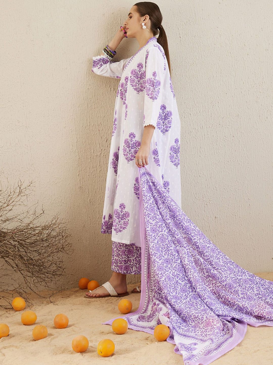 V-Neck Floral Printed Panelled Pure Cotton Kurta Set