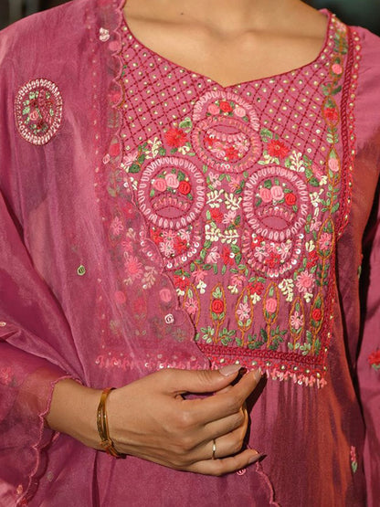 Floral Embroidered Thread Work Kurta With Trousers & Dupatta