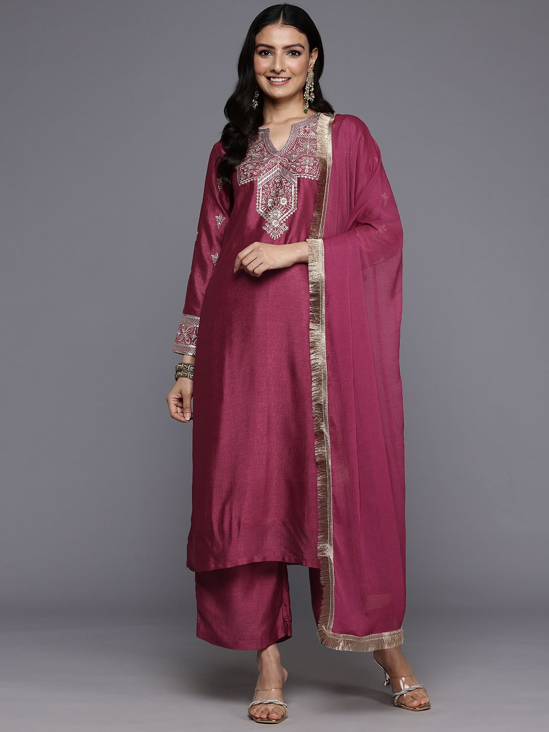 Dhiyona VA Women'sEthnic Motifs Embroidered Zari Kurta With Palazzos & Dupatta