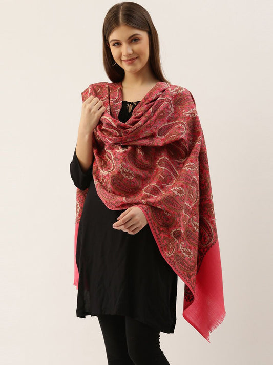 Dhiyona PA Women Pink & Brown Paisley Embroidered Pure Woolen Shawl
