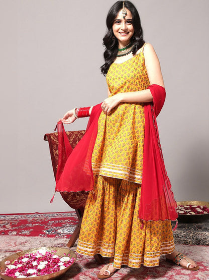 Dhiyona VA Women'sEthnic Motifs Printed Gotta Patti A-Line Kurta & Sharara With Dupatta