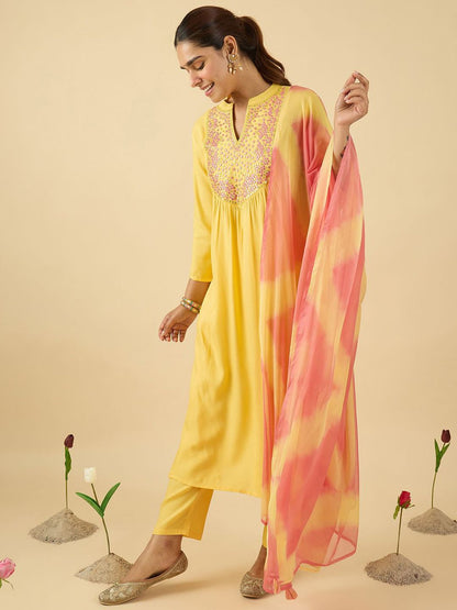 Women Embroidered Mirror Work Pure Cotton Kurta with Trousers & With Dupatta