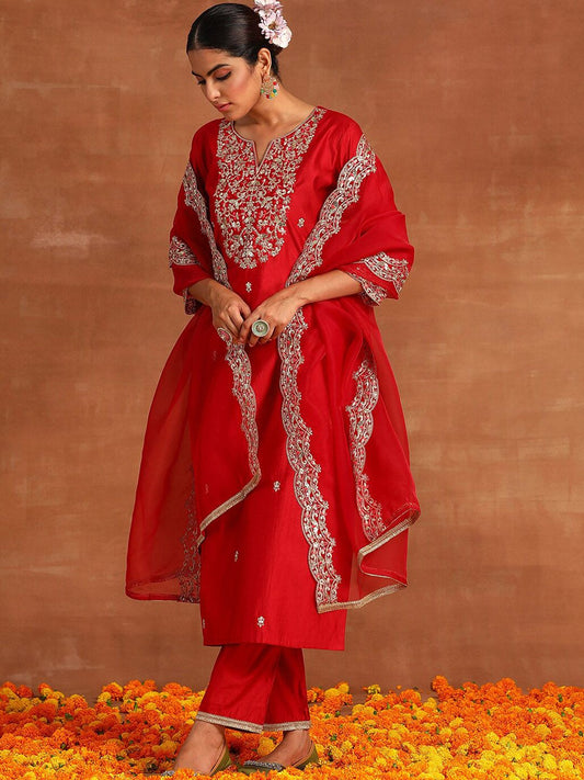 Dhiyona IE Floral Embroidered Regular Sequinned Kurta With Palazzos & Dupatta