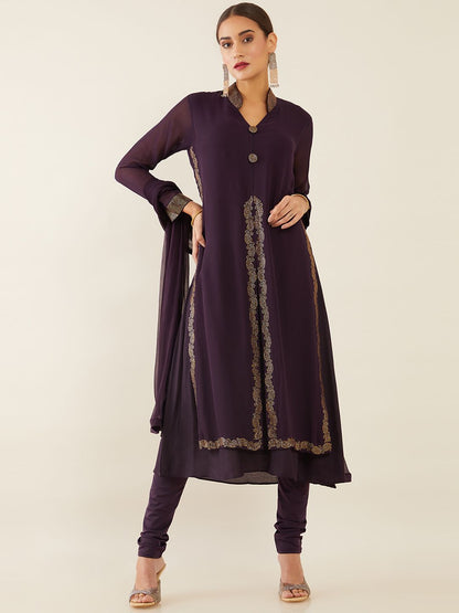 Dhiyona SO Women's Women Purple Embellished Layered Silk Georgette Kurta with Churidar & Dupatta