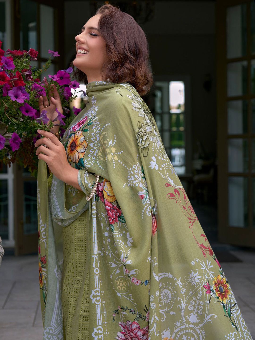 Floral Embroidered Mirror Work Pure Cotton Kurta With Trousers & Dupatta