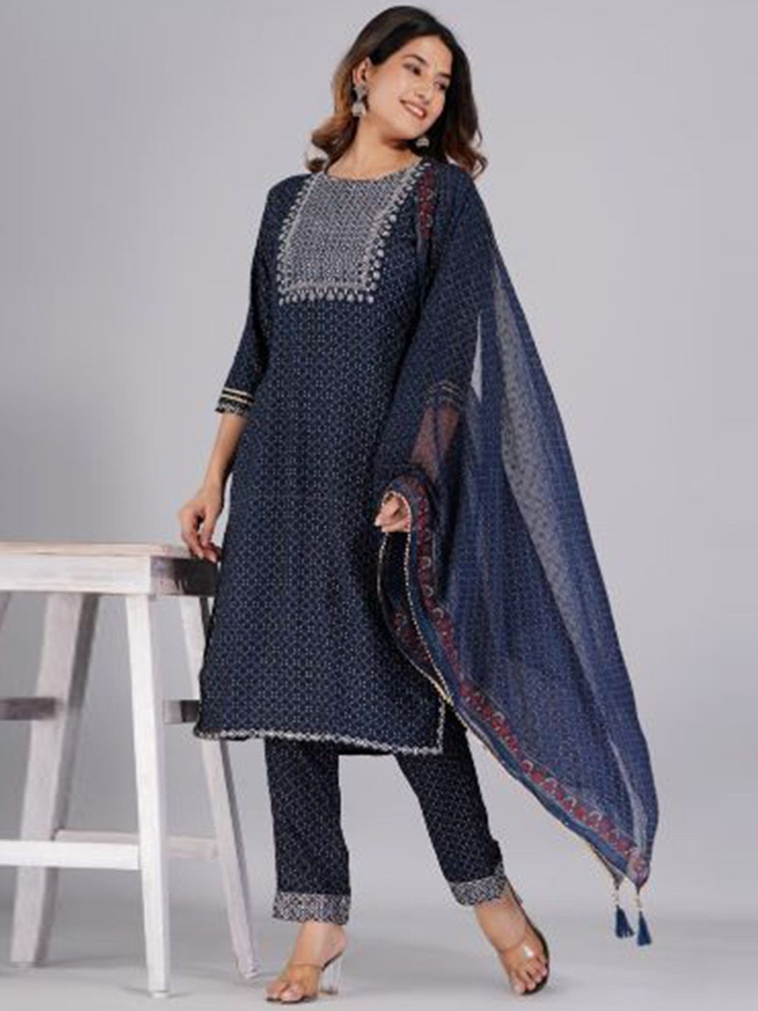 Dhiyona KL Ethnic Motifs Printed Mirror Work Kurta With Trousers & Dupatta