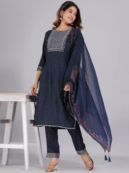 Dhiyona KL Ethnic Motifs Printed Mirror Work Kurta With Trousers & Dupatta