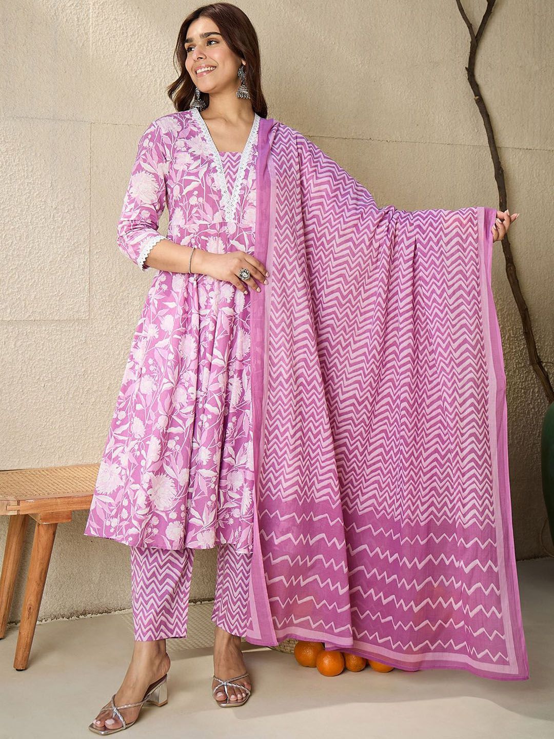 Dhiyona IE Floral Printed V Neck Pure Cotton Panelled A-Line Kurta with Trousers & Dupatta