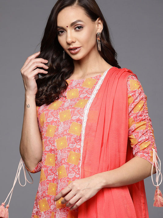 Women Coral Red Ethnic Motifs Printed Kurta with Trousers & With Dupatta