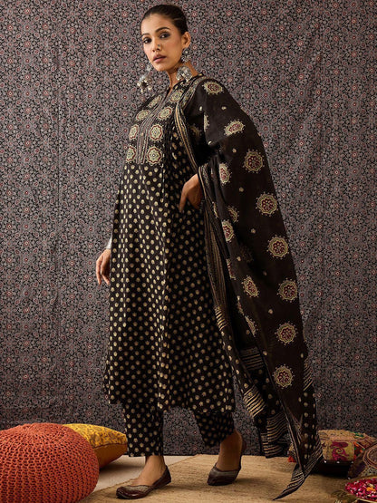 Dhiyona IE Women Ethnic Motifs Embroidered Panelled Thread Work Pure Cotton Kurta with Trousers & With Dupatta