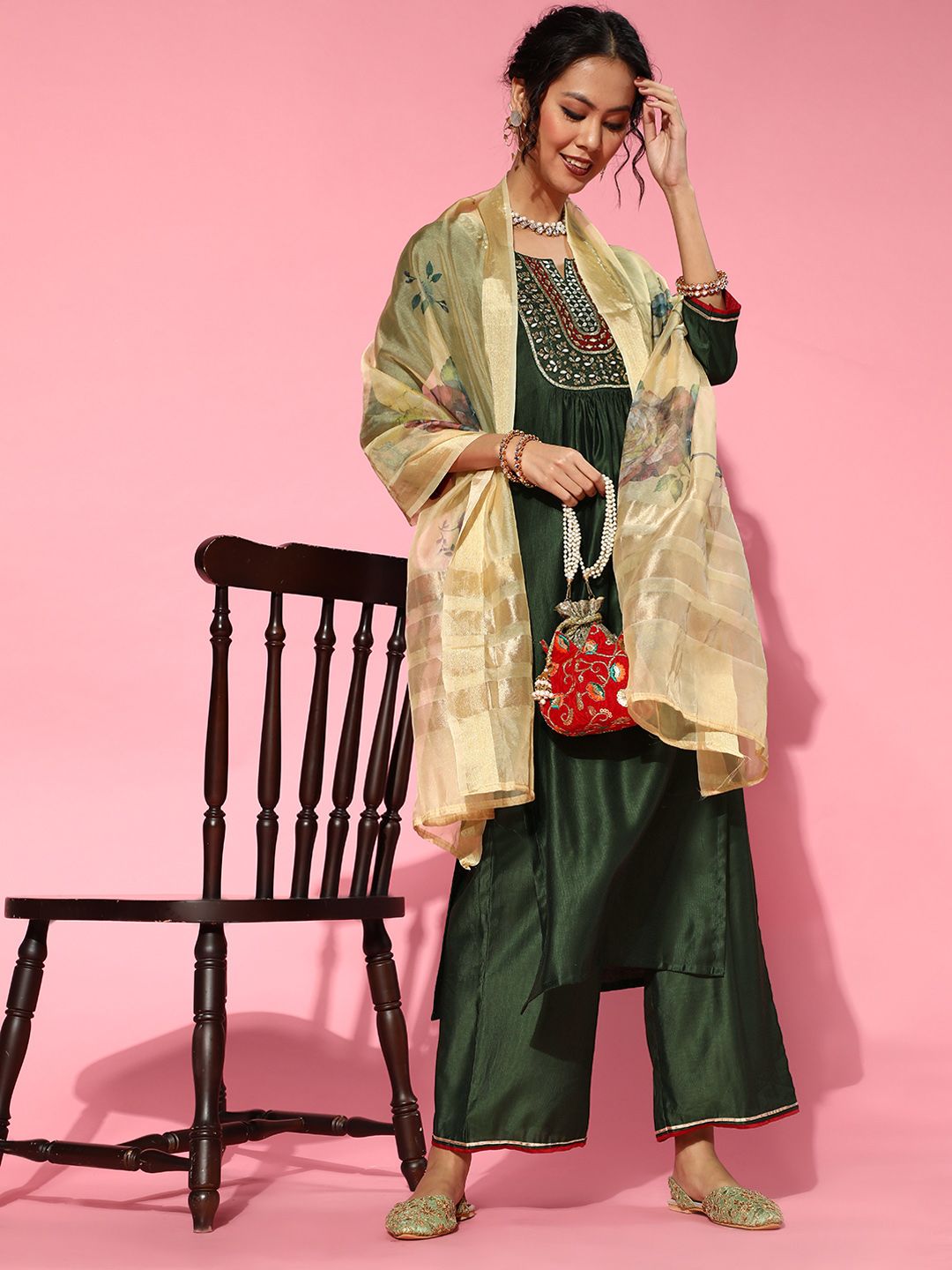 Green Silk Blend Calf Length Kurta Set