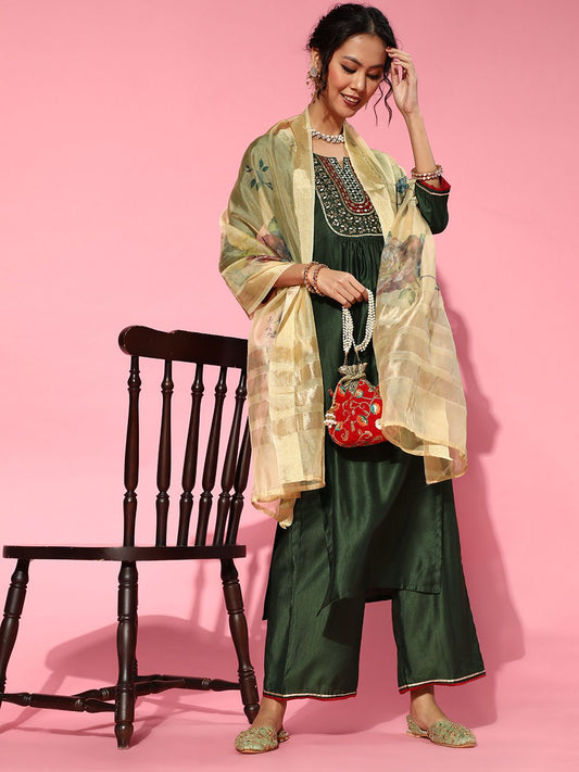 Green Silk Blend Calf Length Kurta Set