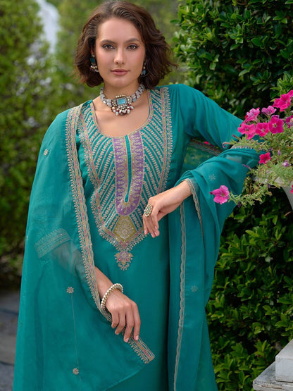 Ethnic Motifs Yoke Design Straight Kurta with Trousers & Dupatta