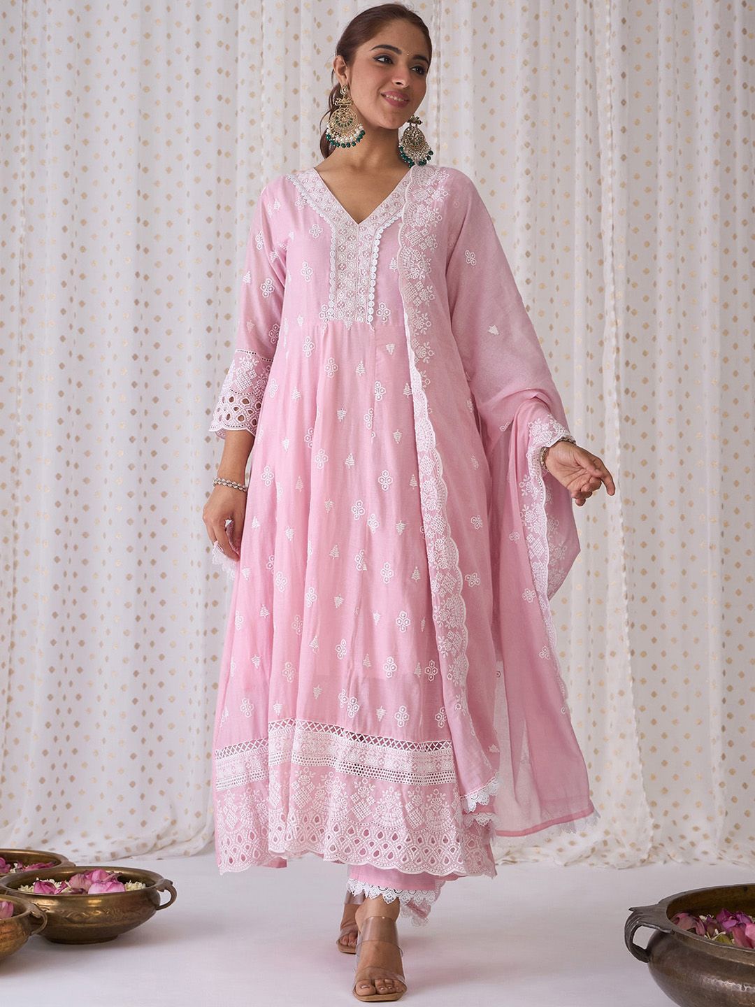 Floral Embroidered Empire Thread Work Pure Cotton A-Line Kurta Set