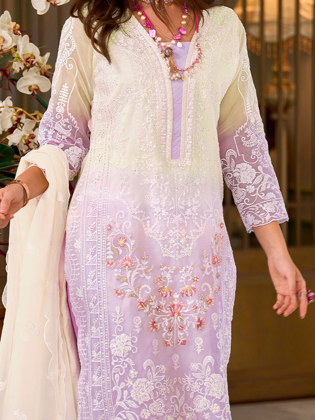 Floral Embroidered Sequinned Straight Organza Kurta With Trousers And Dupatta