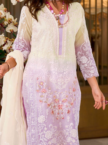 Floral Embroidered Sequinned Straight Organza Kurta With Trousers And Dupatta
