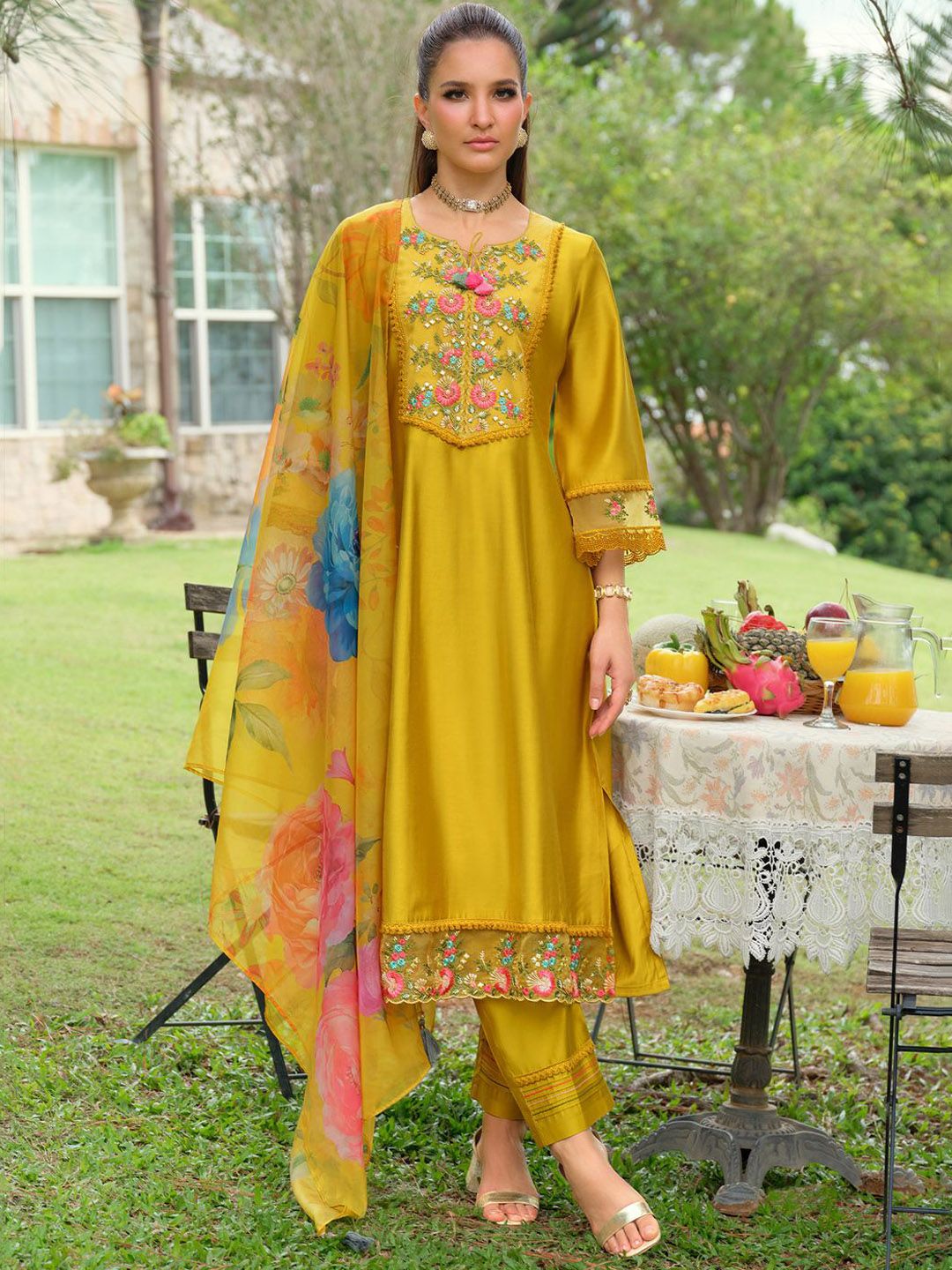 Floral Embroidered Thread Work Tieup Neck A-Line Kurta With Trousers & Dupatta
