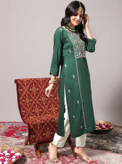 Dhiyona VA Women'sEthnic Motifs Embroidered Thread work Straight Kurta & Trousers With Dupatta