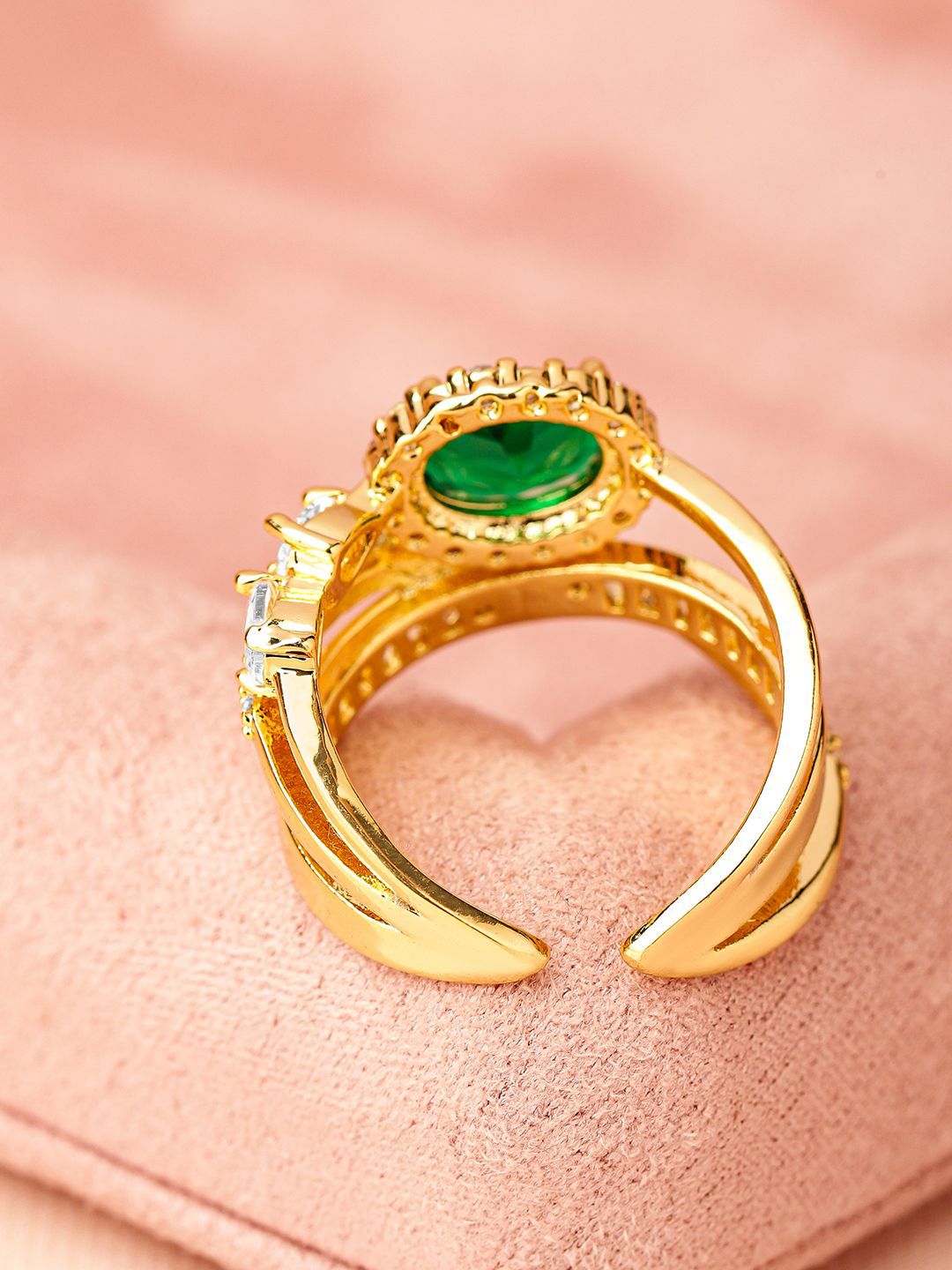 Dhiyona RJ Women's 18K Gold Plated Emerald Green & Cubic Zirconia Studded Adjustable Statement Ring