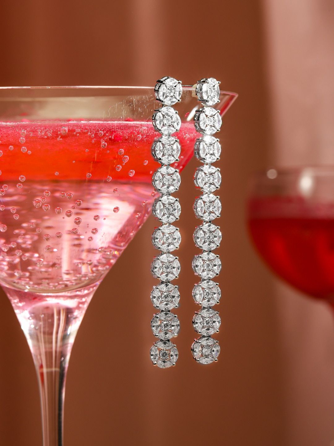 Dhiyona RJ Women's Rhodium Plated in Silver Toned Zirconia Studded Contemporary Long Drop Earrings