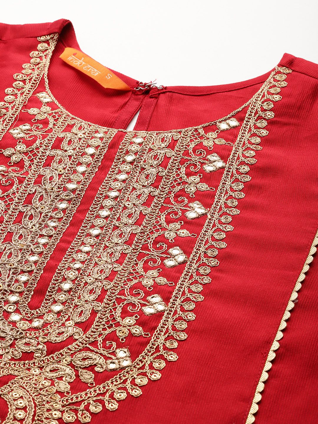 Ethnic Motifs Yoke Design Zari Panelled Liva Kurta With Trousers & Dupatta