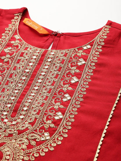 Ethnic Motifs Yoke Design Zari Panelled Liva Kurta With Trousers & Dupatta