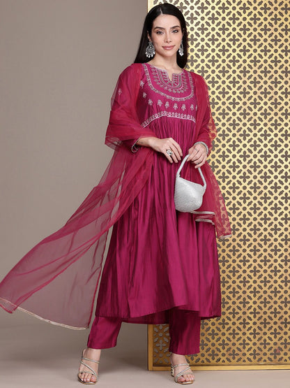 Dhiyona PD Women Jashn Yoke Design Zari Work A-Line Kurta With Trousers & Dupatta
