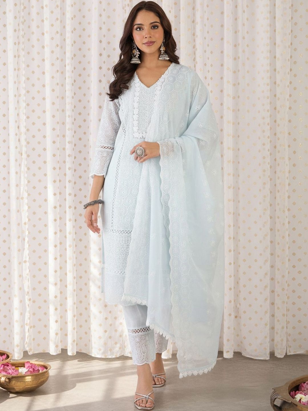 Women Ethnic Motifs Embroidered Regular Thread Work Pure Cotton Kurta with Trousers & With Dupatta