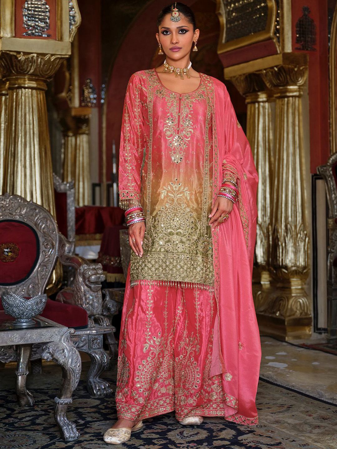 Women Ethnic Motifs Embroidered Regular Mirror Work Kurta with Palazzos & Dupatta