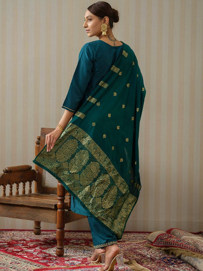 Dhiyona OD  Blue Ethnic Motifs Straight Kurta & Trousers With Dupatta