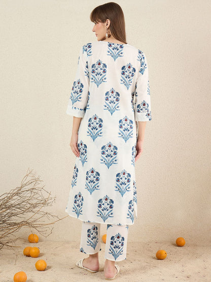 Dhiyona IE Women Floral Printed Cotton Kurta with Trousers