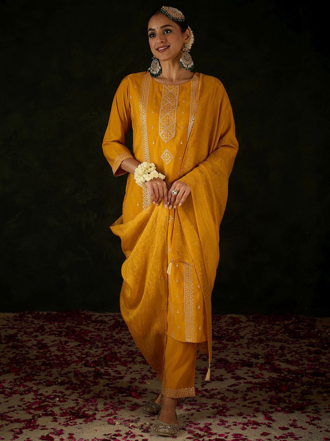 Dhiyona IE Women Ethnic Motifs Embroidered Regular Sequinned Kurta with Trousers & With Dupatta