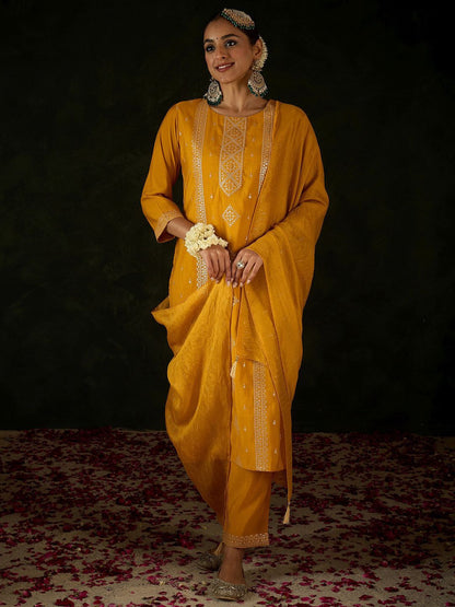 Dhiyona IE Women Ethnic Motifs Embroidered Regular Sequinned Kurta with Trousers & With Dupatta