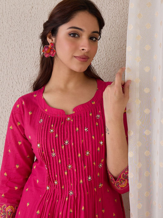 Dhiyona IE Floral Printed Pure Cotton Round Neck A-Line Tunic With Trousers Co-Ords