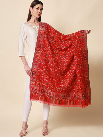 Dhiyona PA Women Red & Grey Woven-Design Kaani Shawl