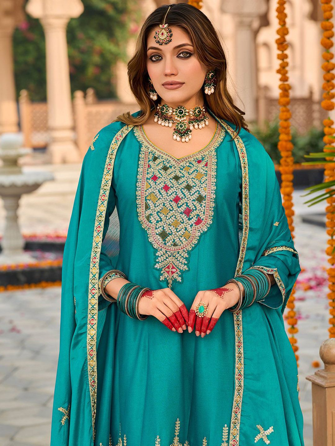 Dhiyona IE Floral Embroidered Mirror Work Sequinned Anarkali Kurta With Dhoti & Dupatta