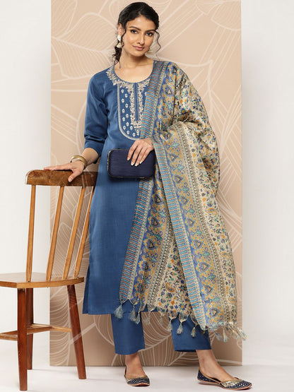 Dhiyona VA Women'sBlue Yoke Embroidered Kurta with Trouser and Dupatta