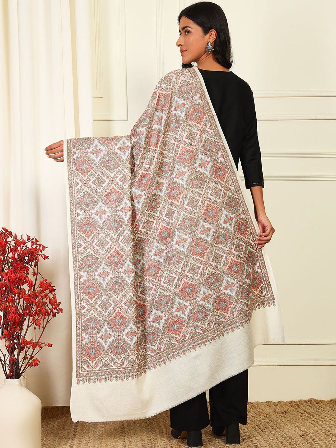 Dhiyona PA Ethnic Motifs Embroidered Woollen Silk Shawl